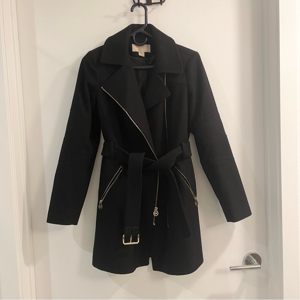 Michael Kors Asymmetrical Belted Coat | Black | Size S